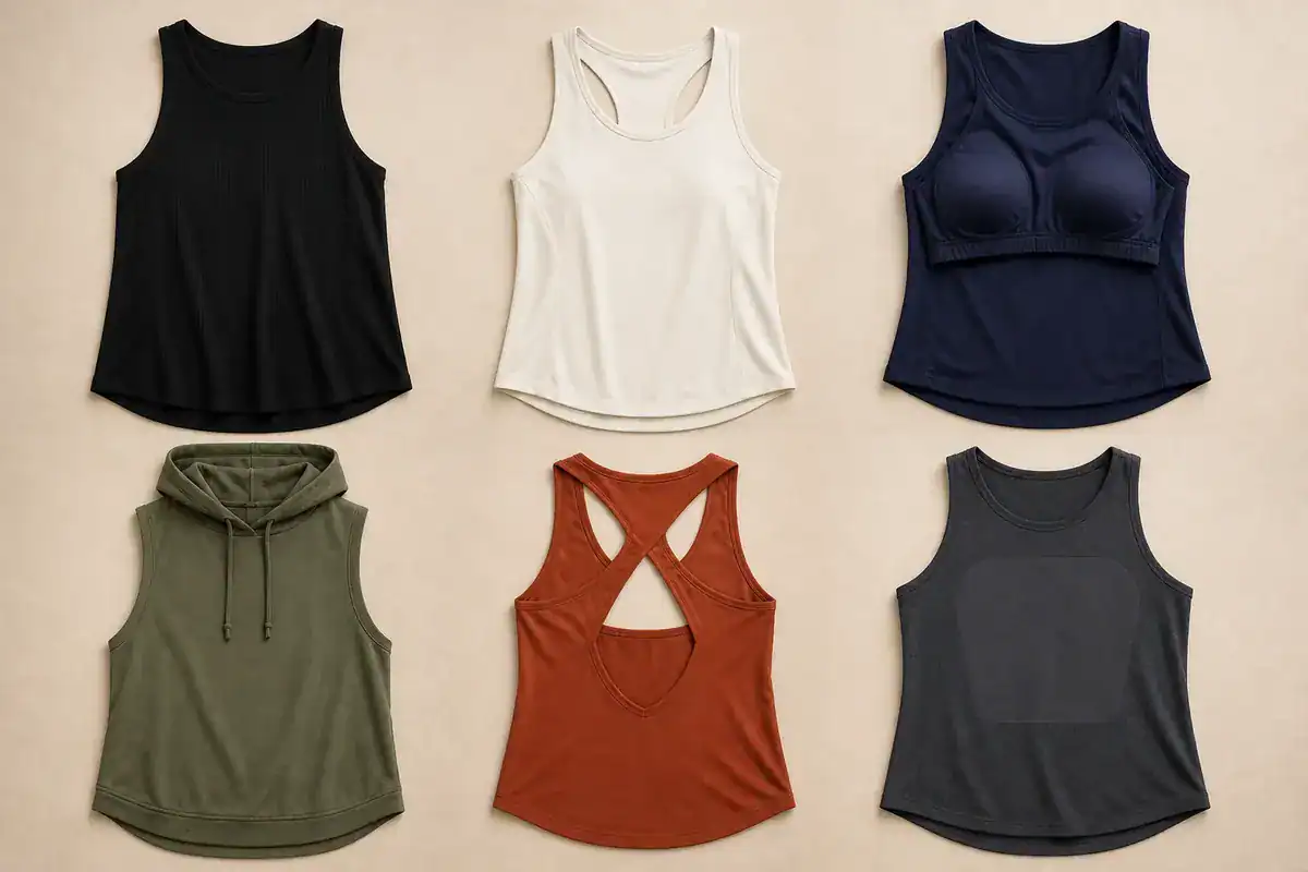 Variety of custom athletic tank tops and hoodies for activewear.