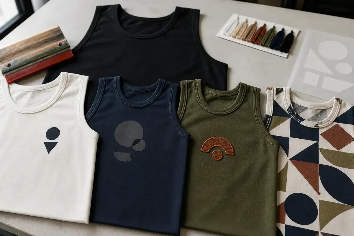 Custom sleeveless t-shirts in various colors with unique logos and patterns.