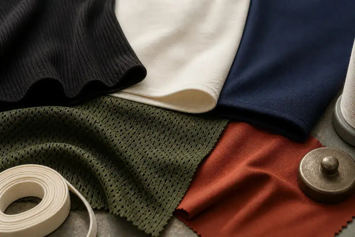 Fabric samples for custom clothing with design team at DETOSUN.