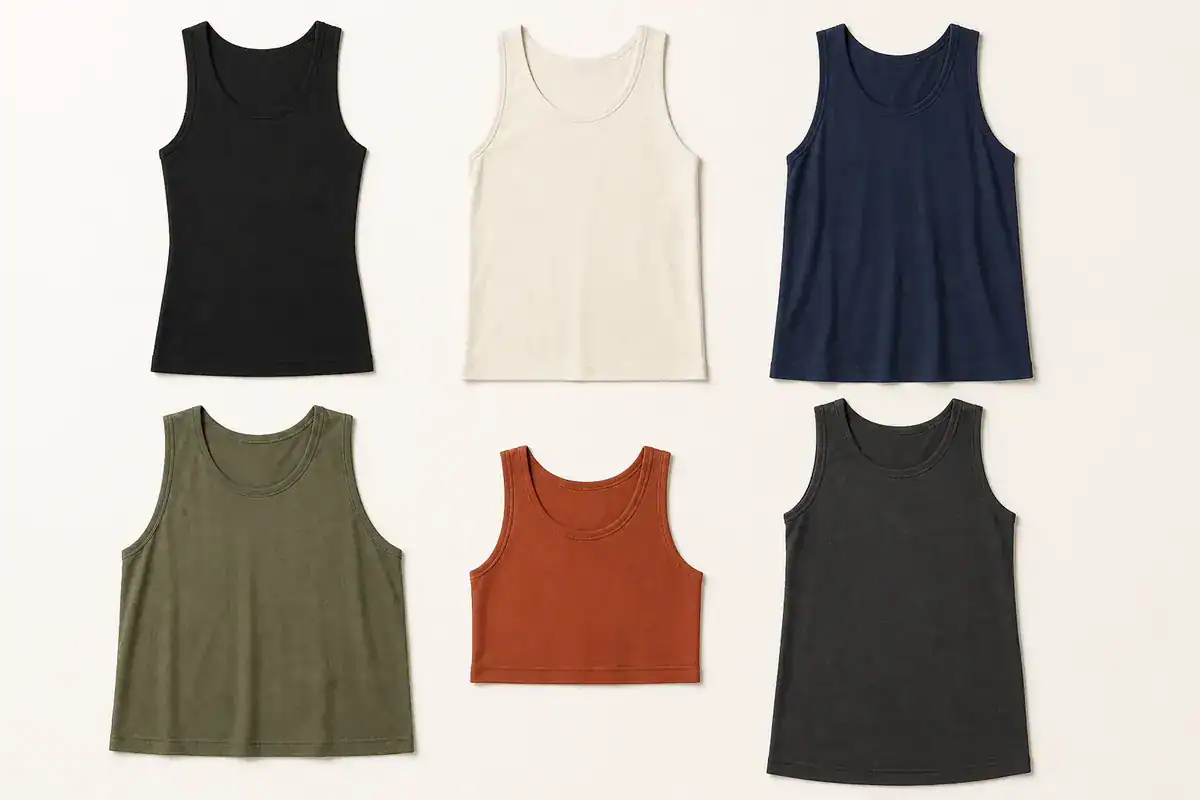 Six tank top fit and length options shown on consistent garment forms