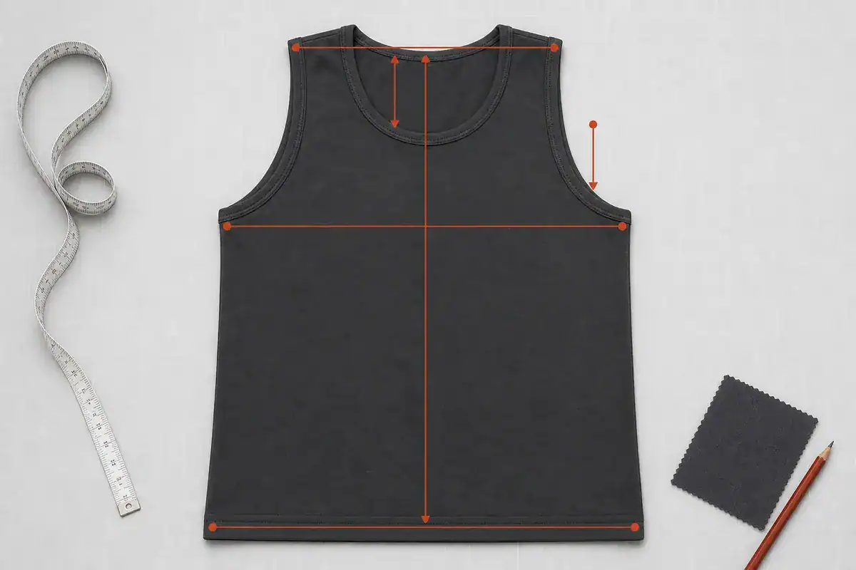 Black custom tank top with measurement lines for clothing design.