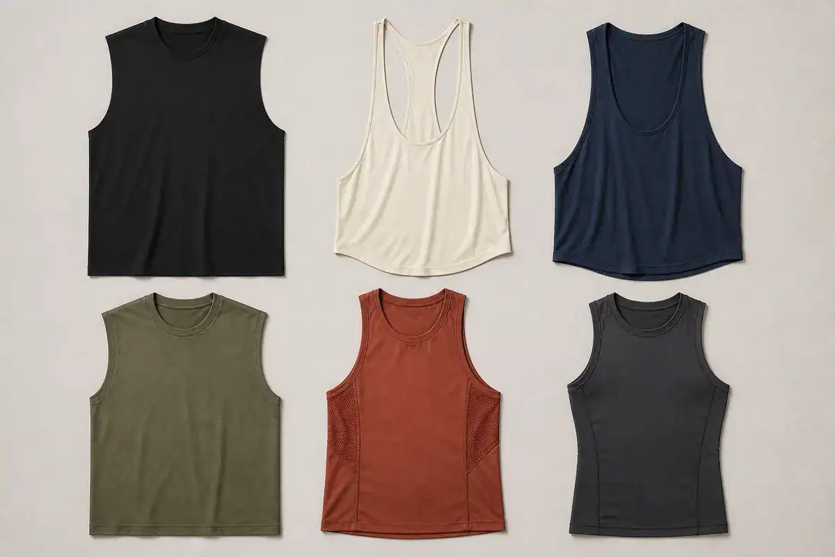 Six gym and performance tank top cuts compared by armhole and fit