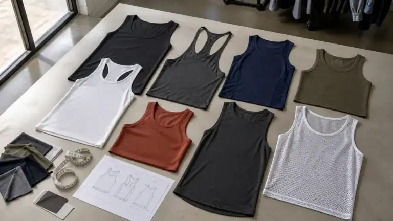 Variety of custom sports tank tops in different colors and designs for activewear.