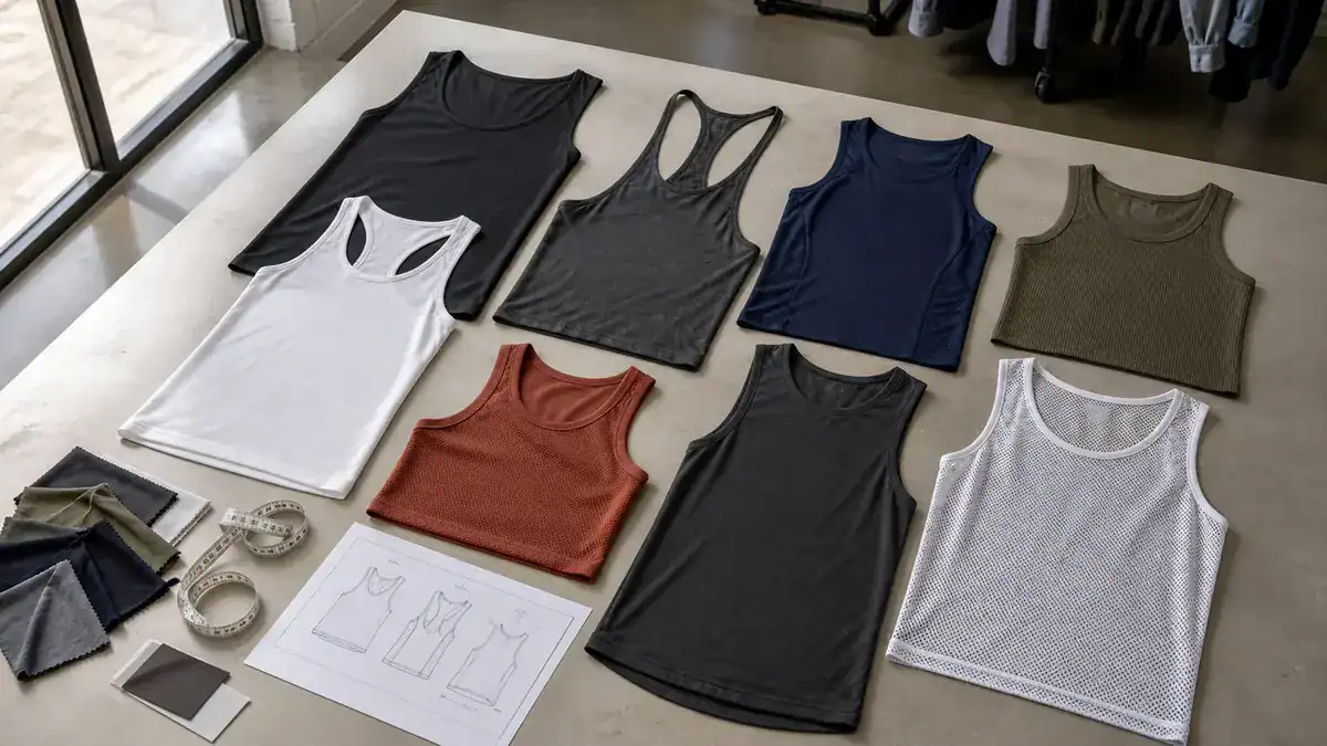 Variety of custom sports tank tops in different colors and designs for activewear.