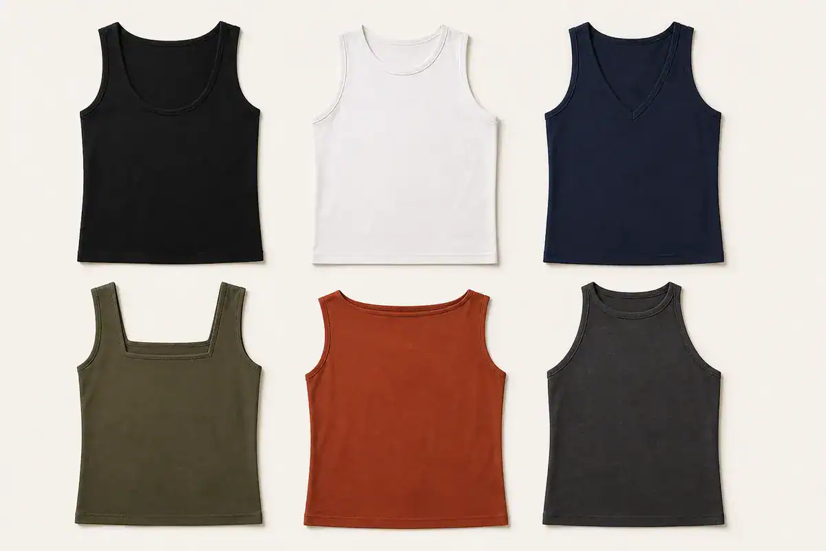 Variety of custom tank tops in different colors for activewear and casual wear.