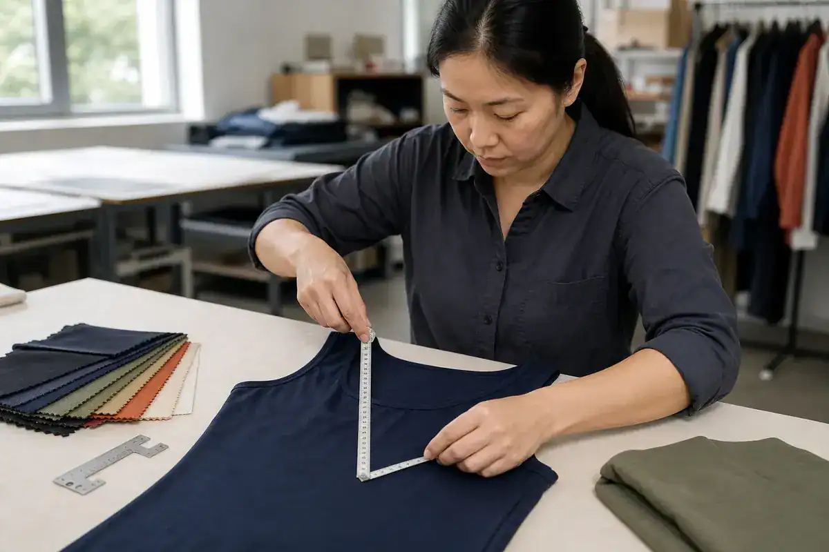 Woman measuring fabric for custom clothing at DETOSUN.