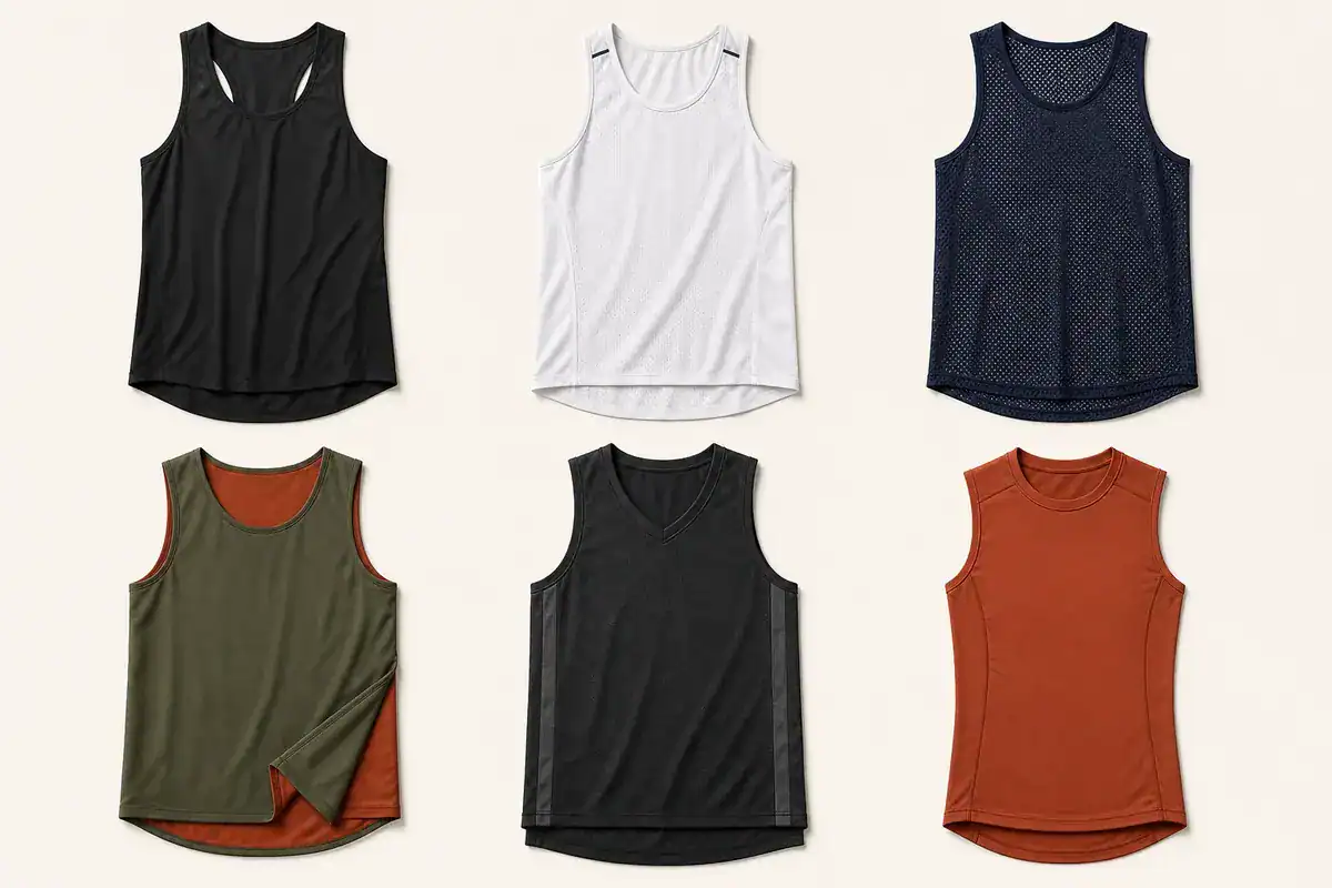 Variety of custom athletic tank tops in different colors and styles for sportswear.