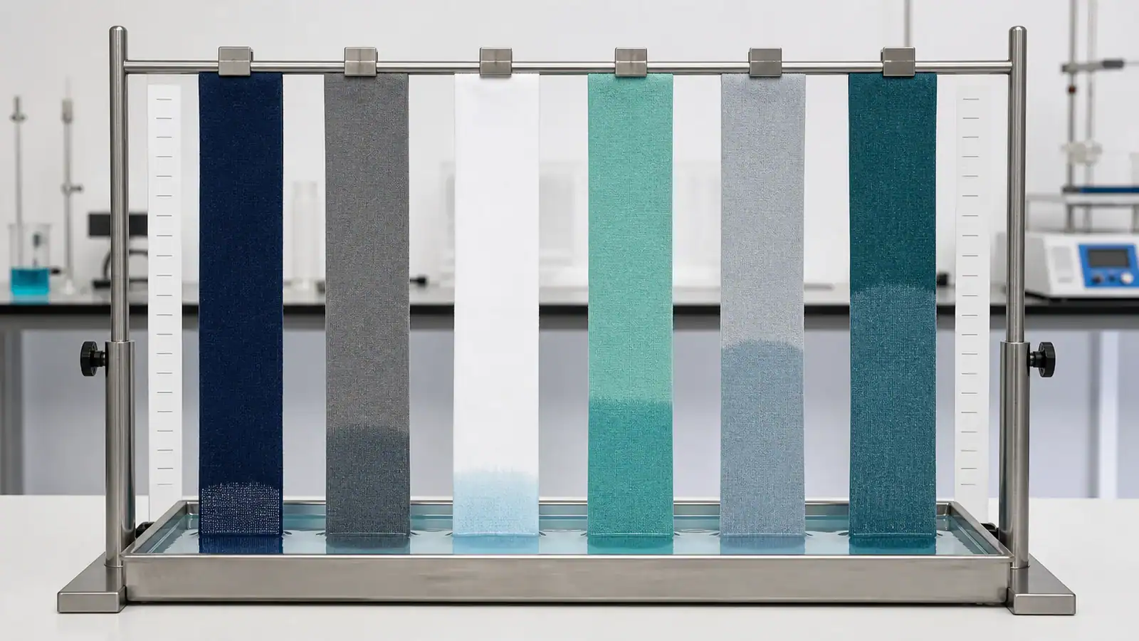 Fabric moisture-wicking test samples in a laboratory setting.