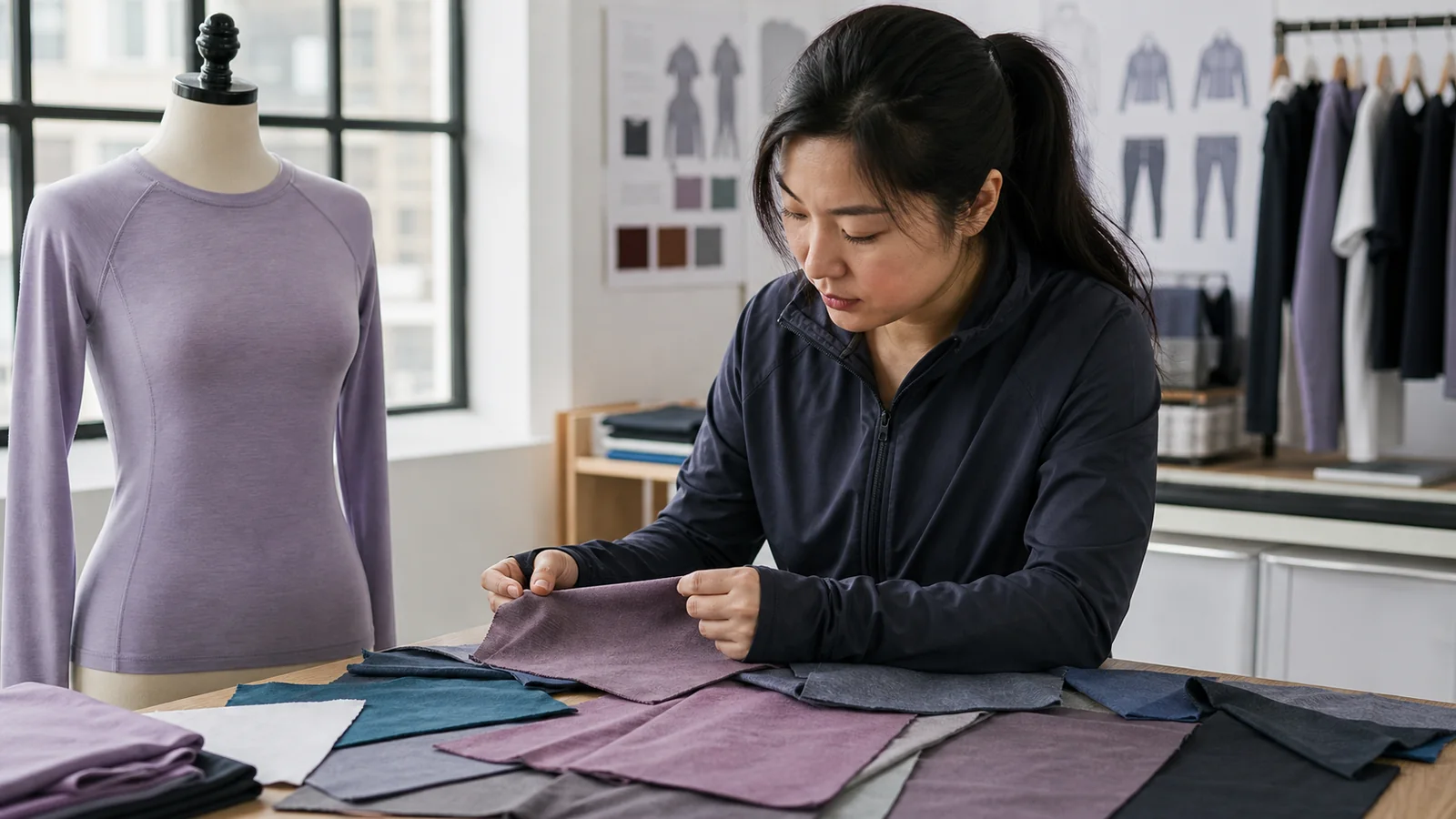 Sportswear designer reviewing cationic polyester performance fabric options for yoga and training garments