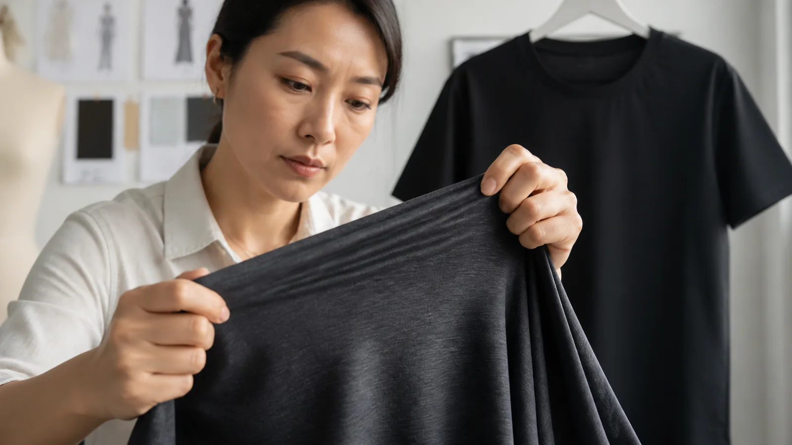 Technical designer examining cationic polyester blended with elastane in a stretch activewear fabric