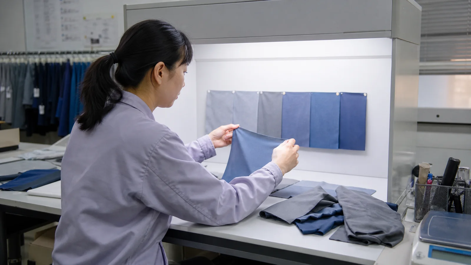 Quality technician checking dyed activewear fabric swatches under standard lighting for color consistency