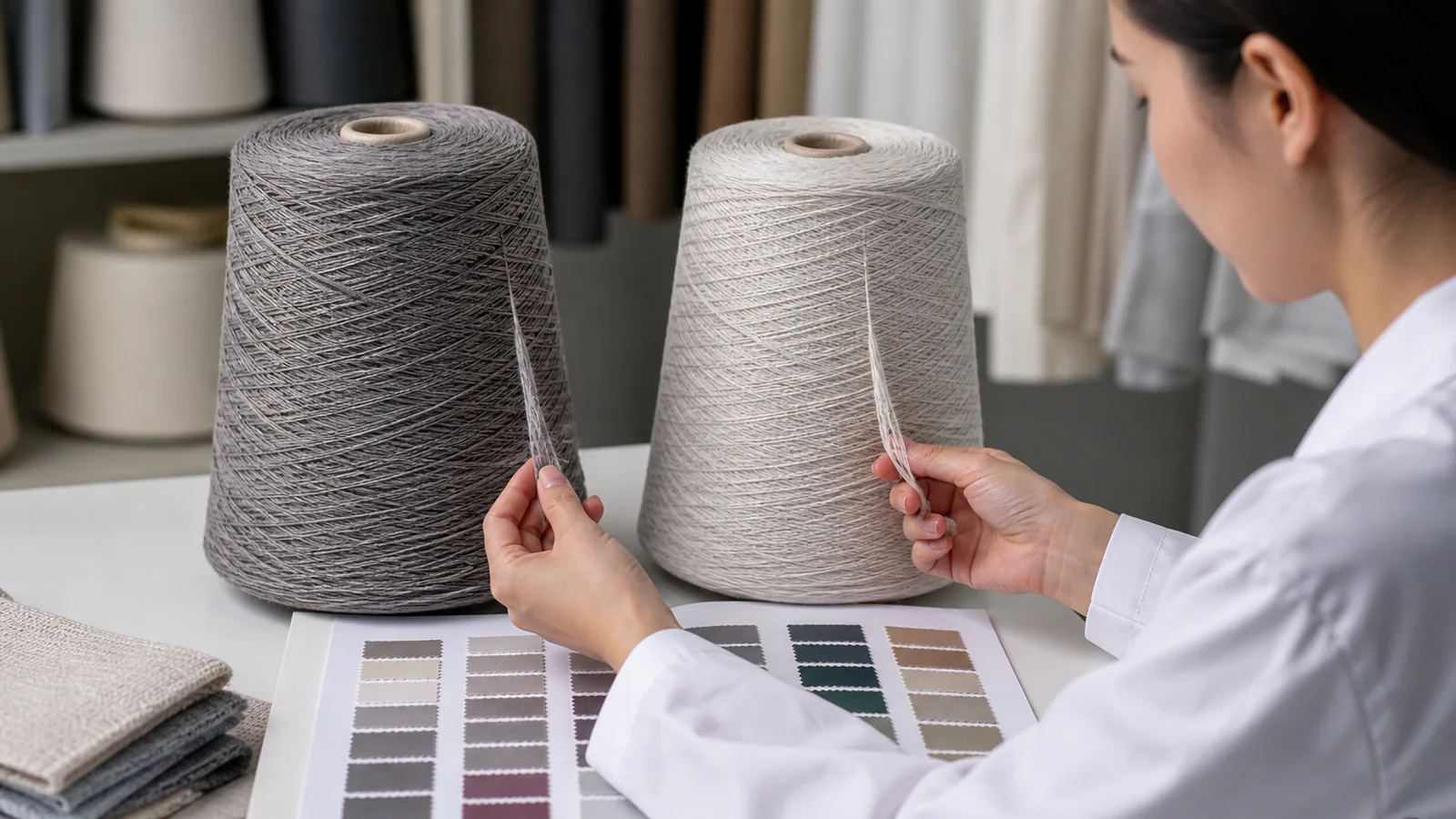 Close view of cationic dyeable polyester yarn and regular polyester yarn beside a color card