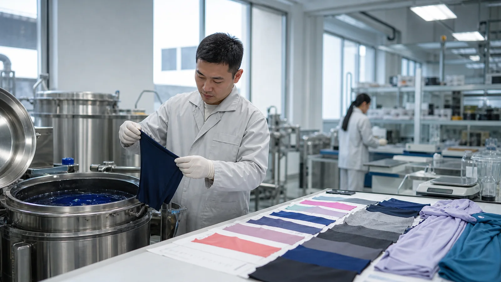 Textile dyeing technician monitoring cationic polyester fabric samples in a controlled lab setting