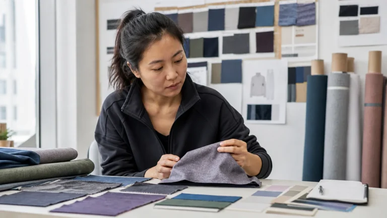 Activewear product developer reviewing cationic polyester fabric swatches with vivid two-tone color effects