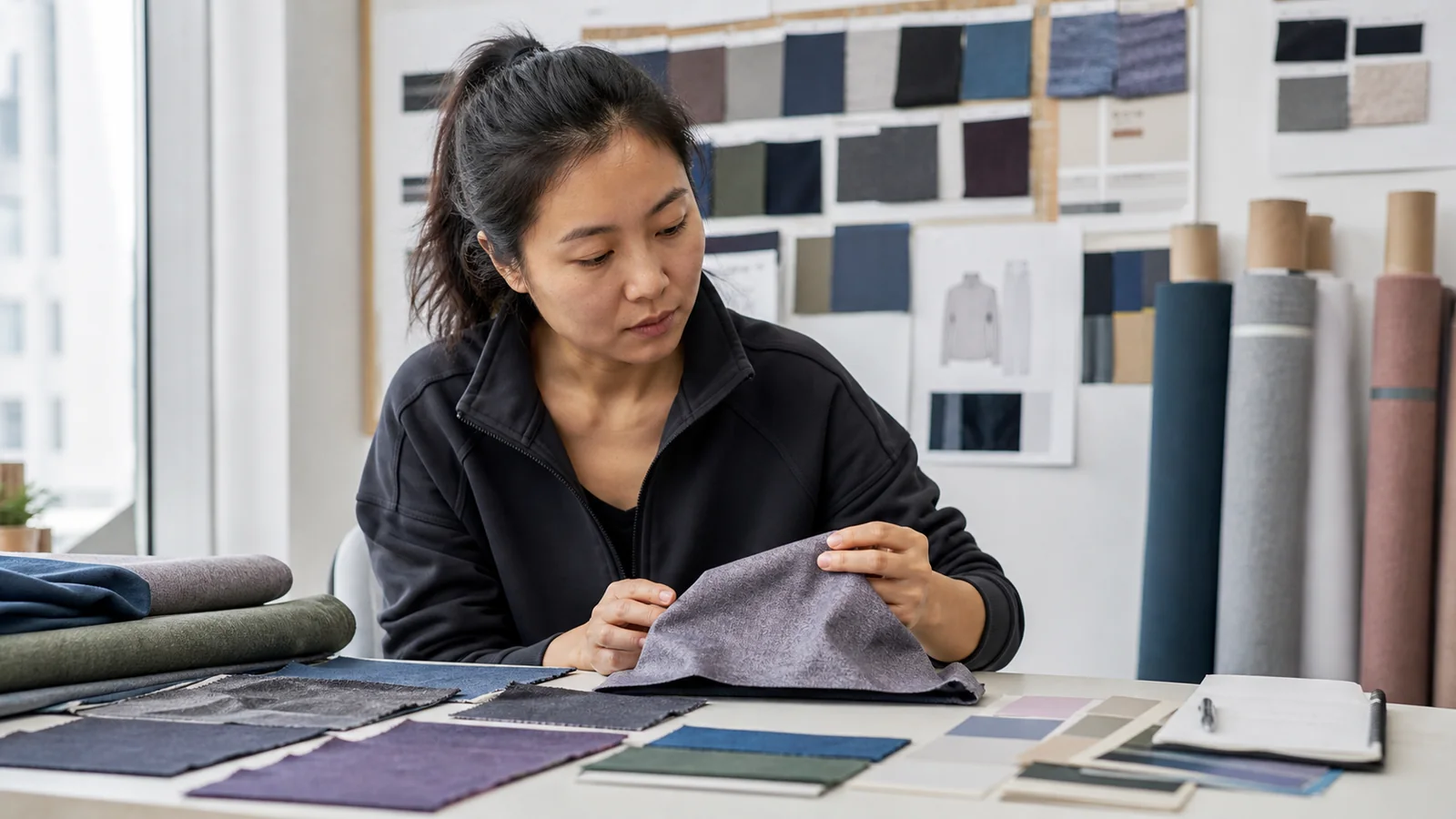 Activewear product developer reviewing cationic polyester fabric swatches with vivid two-tone color effects