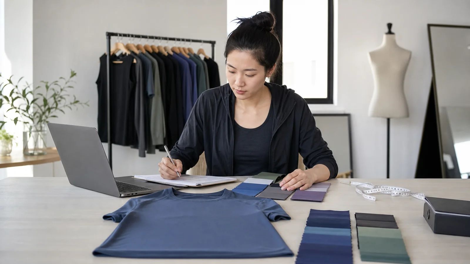 Activewear founder preparing a supplier inquiry with cationic polyester fabric and color requirements