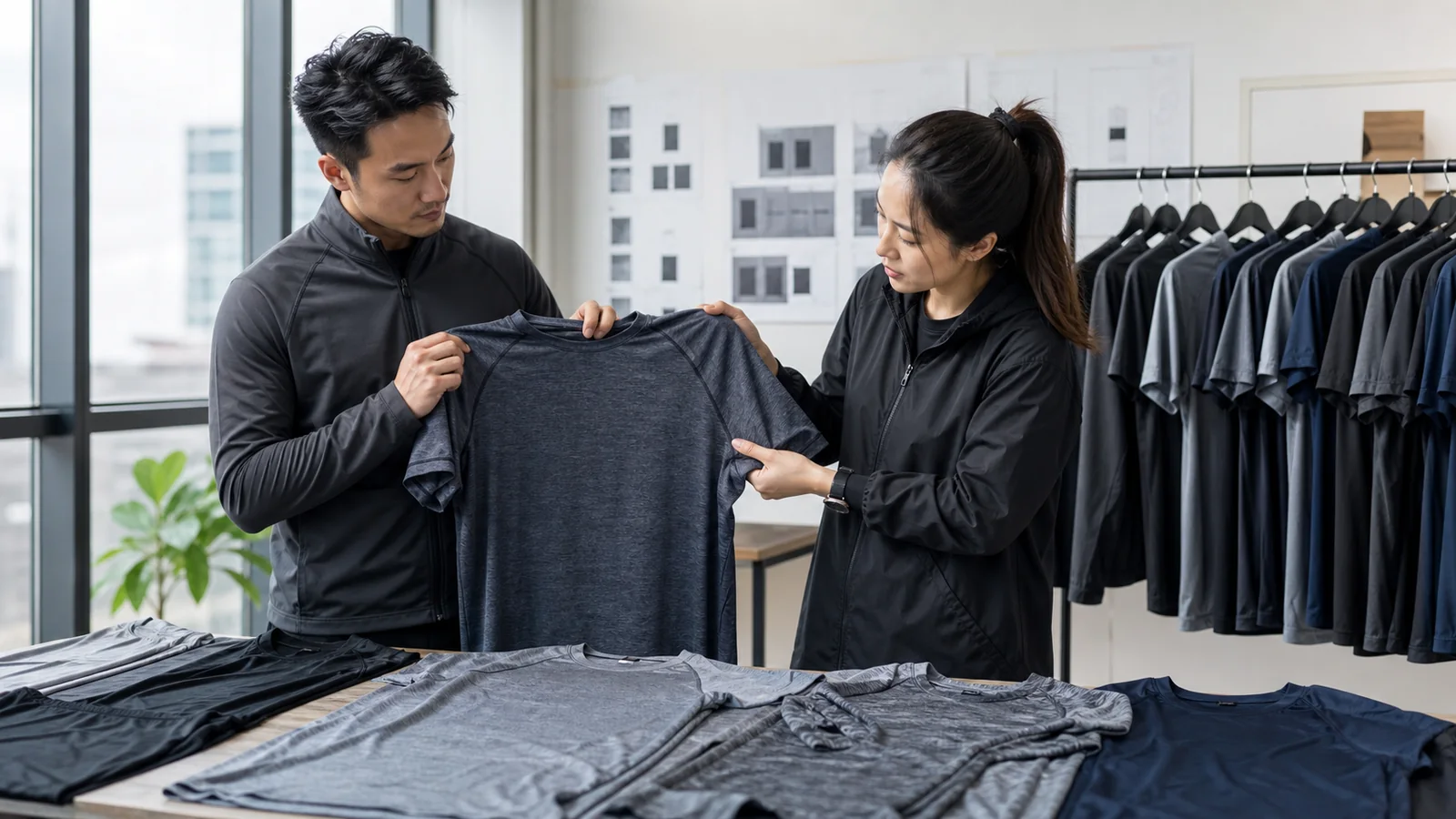 Brand product team comparing cationic polyester garment samples after wash and fit review