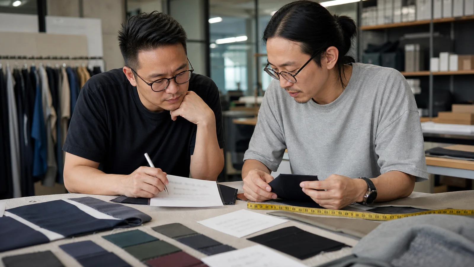 Apparel sourcing team comparing denier, yarn type, fabric weight and stretch notes on a material board
