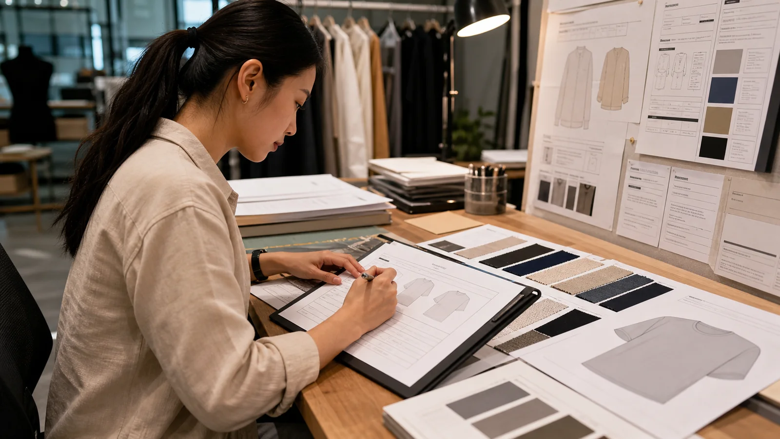 Apparel technical designer marking cationic polyester composition, color and testing fields on a tech pack