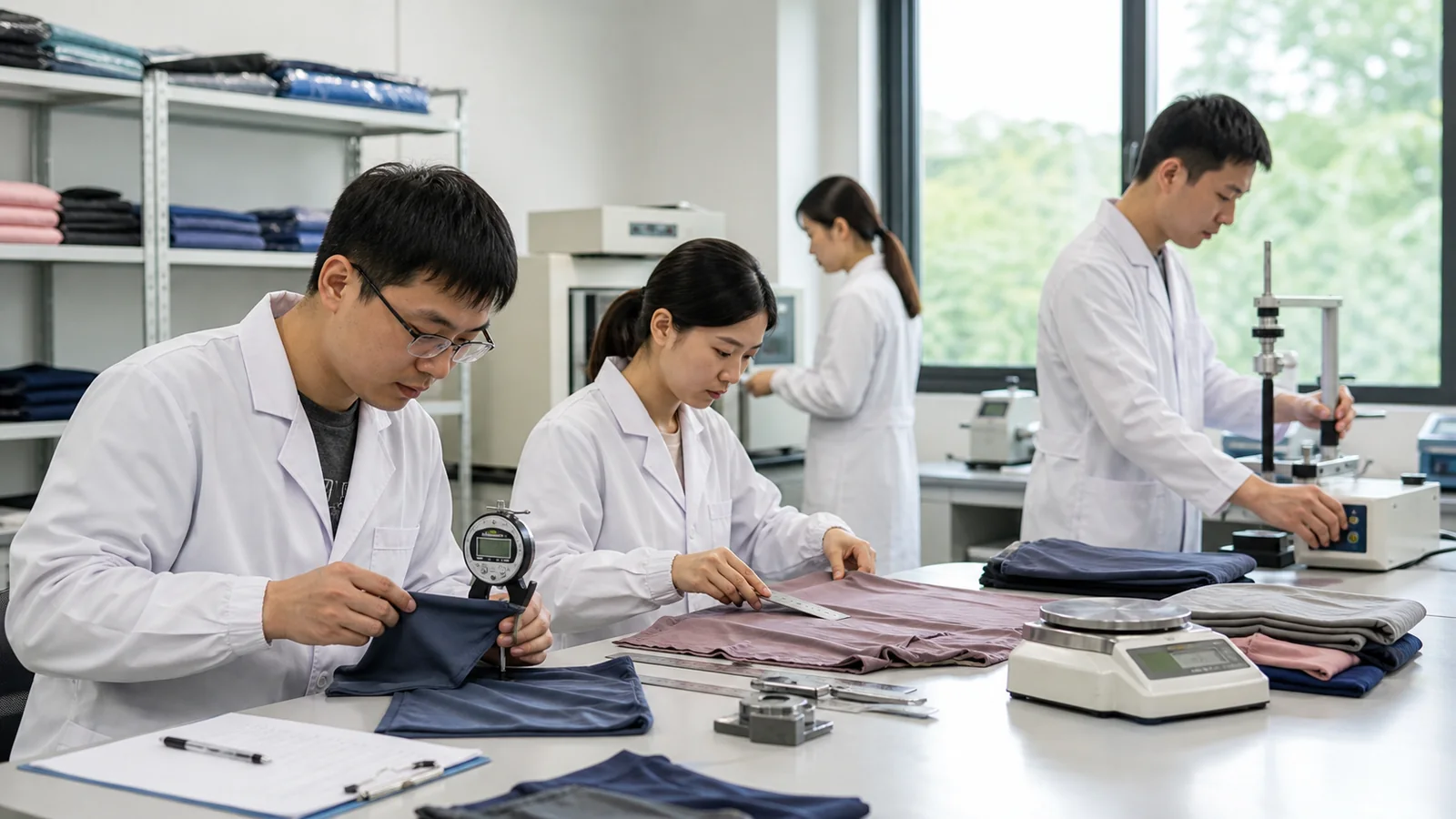 Textile laboratory team measuring colorfastness and dimensional change on activewear fabric samples