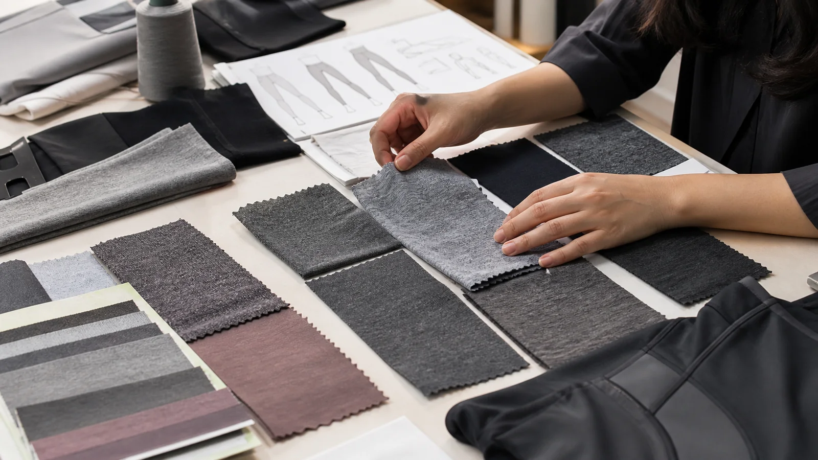 Activewear fabric swatches showing subtle two-tone and melange effects from mixed polyester yarns
