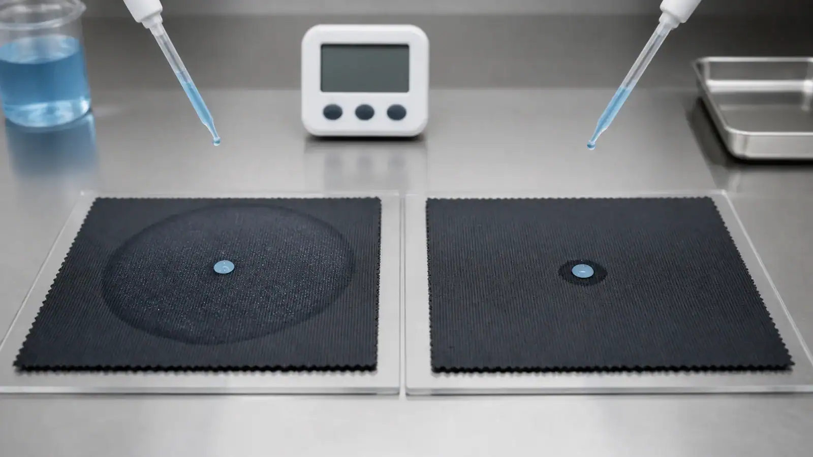 Fabric samples tested for moisture-wicking with lab equipment and digital device.
