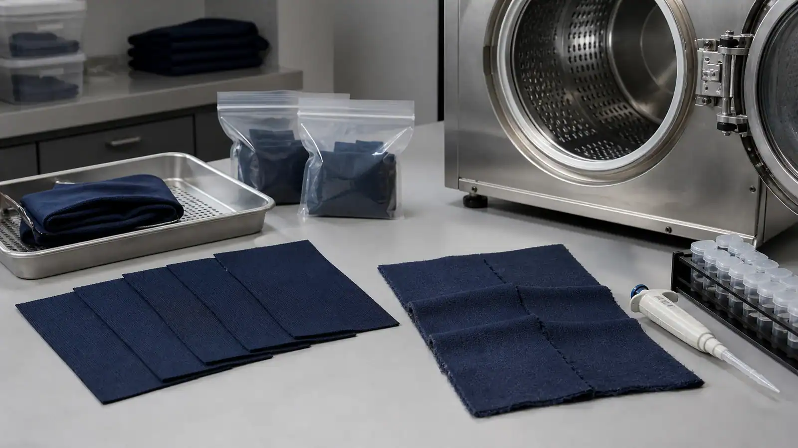 Fabric samples for moisture-wicking testing in a professional lab setting.