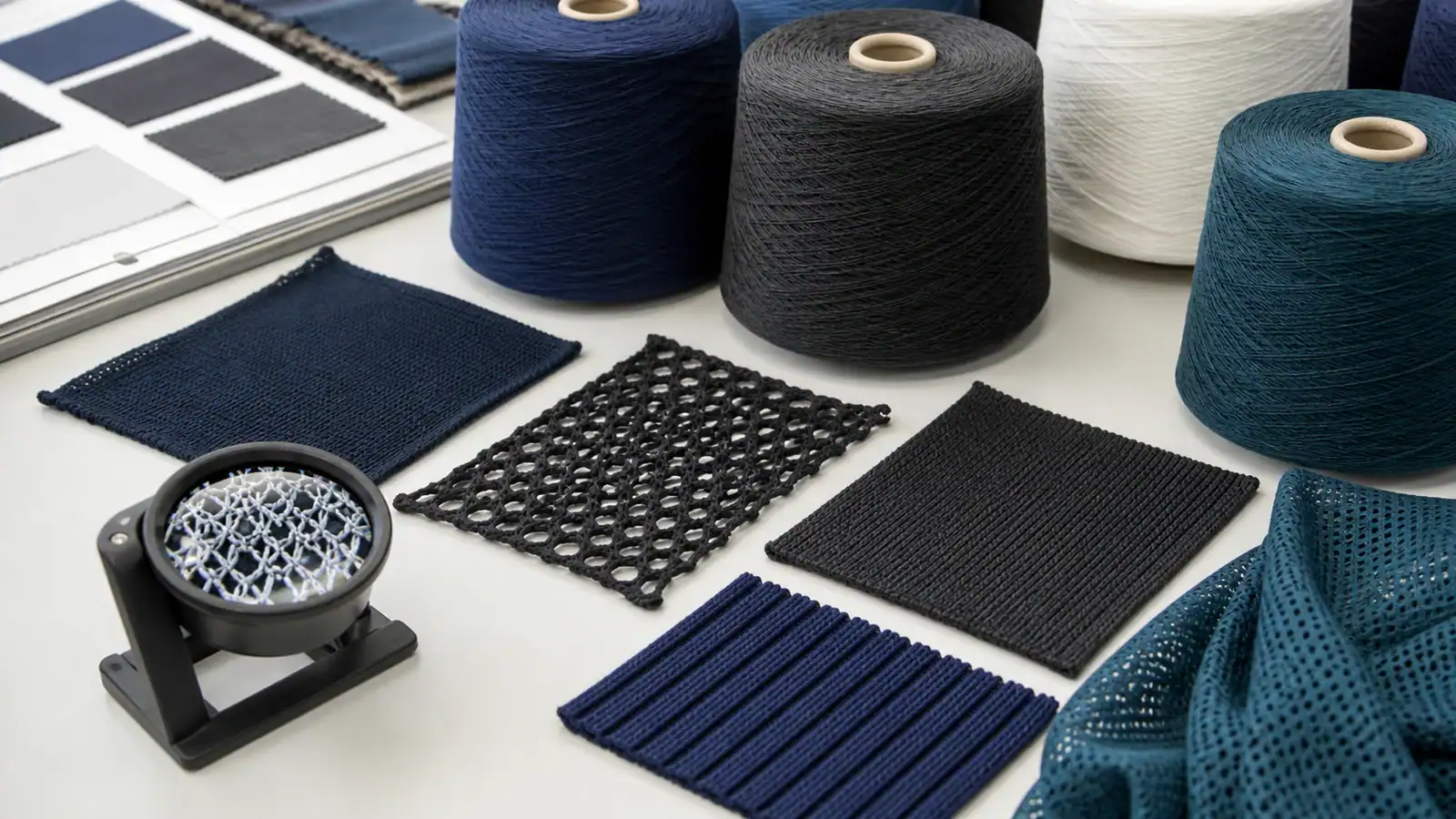 Assorted moisture-wicking fabrics and swatches for activewear manufacturing.