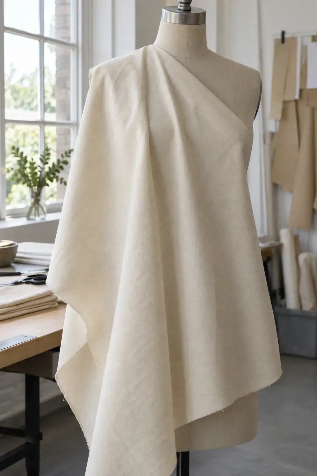 Cream-colored fabric draped on a dress form in a design studio.