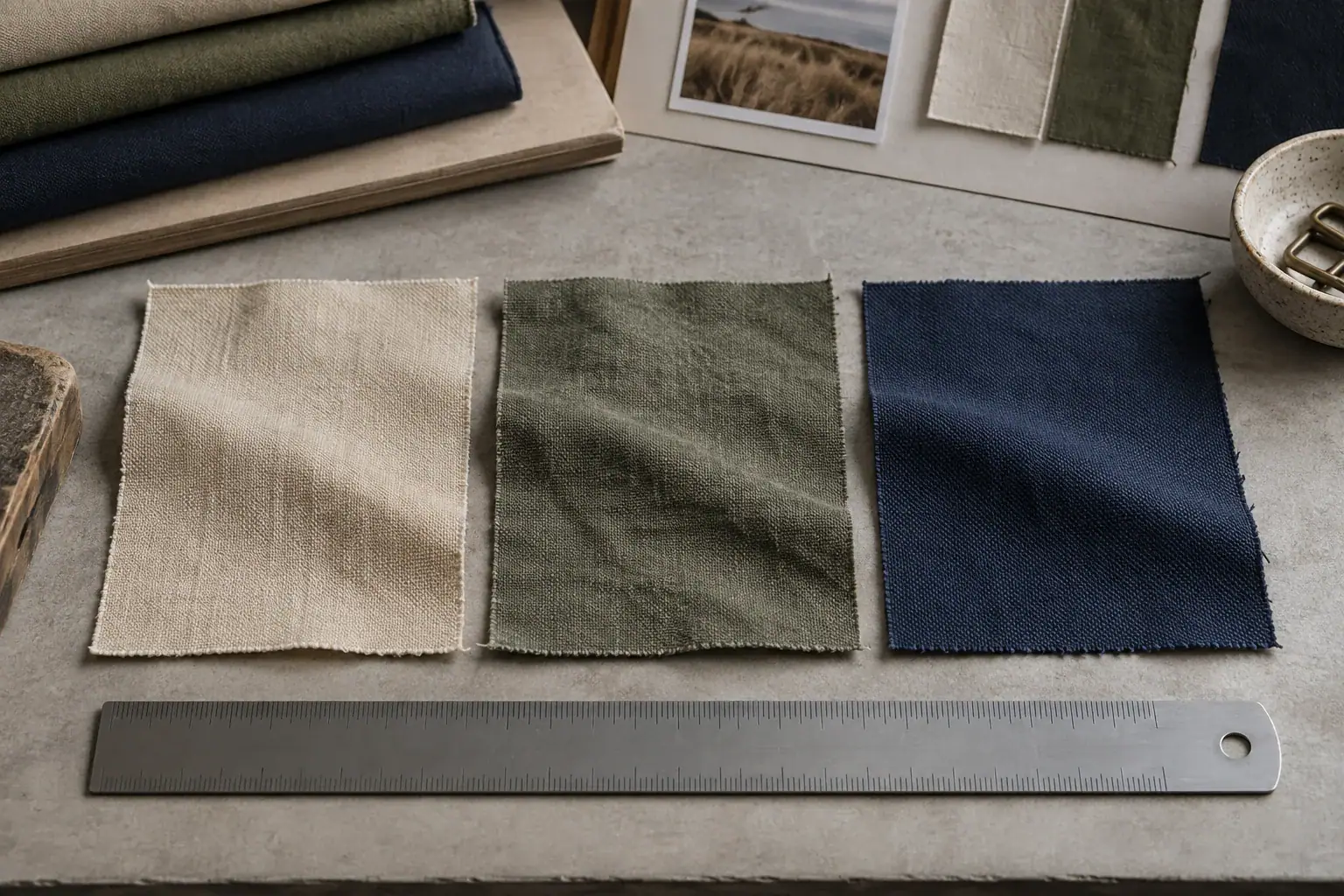 Fabric swatches in beige, green, and navy for custom apparel design.