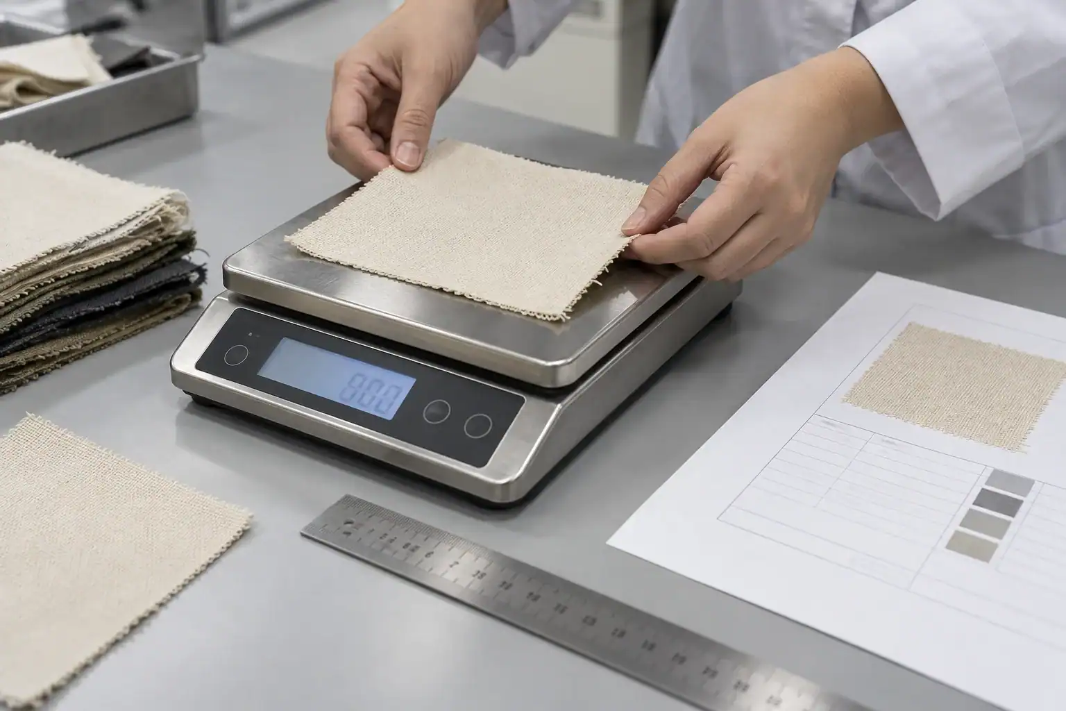 Person weighing fabric sample on digital scale in a textile lab.