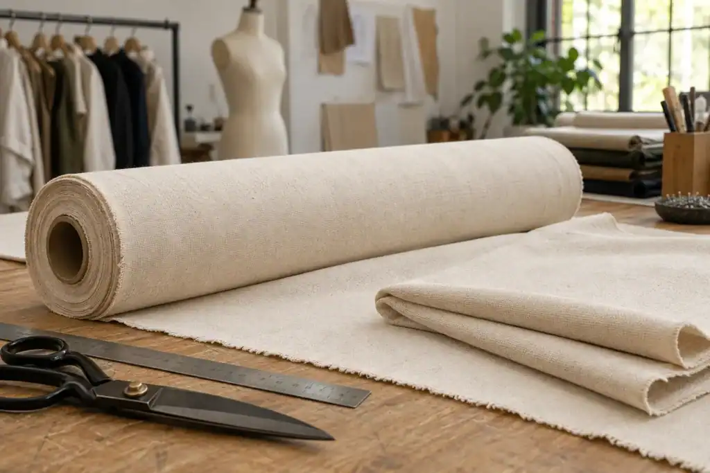 Large roll of natural canvas fabric on a worktable in a textile studio.