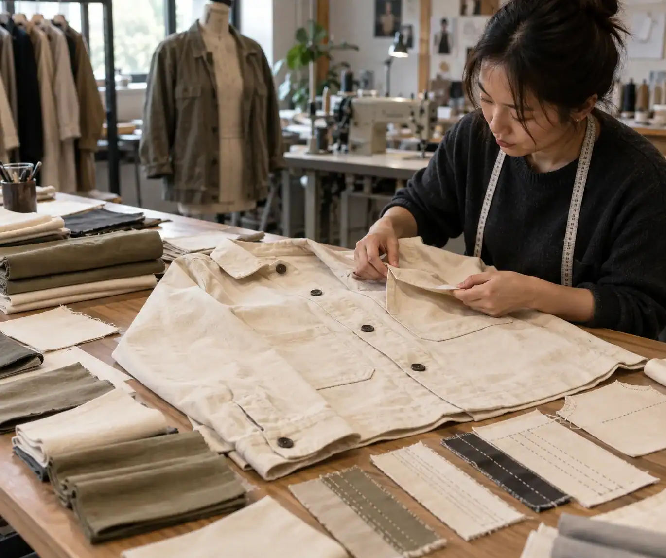 Fashion designer working on fabric samples in a studio.