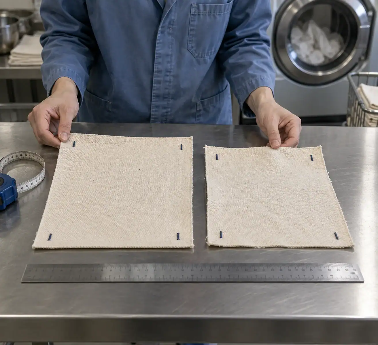 Canvas fabric specimens measured before and after a controlled wash check