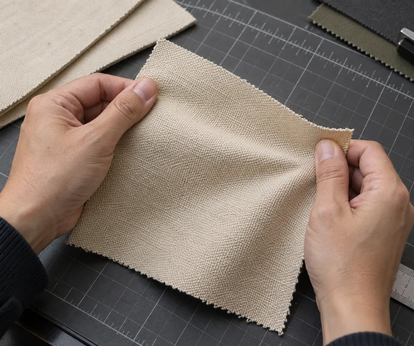 Person holding beige fabric swatch for clothing production and design.