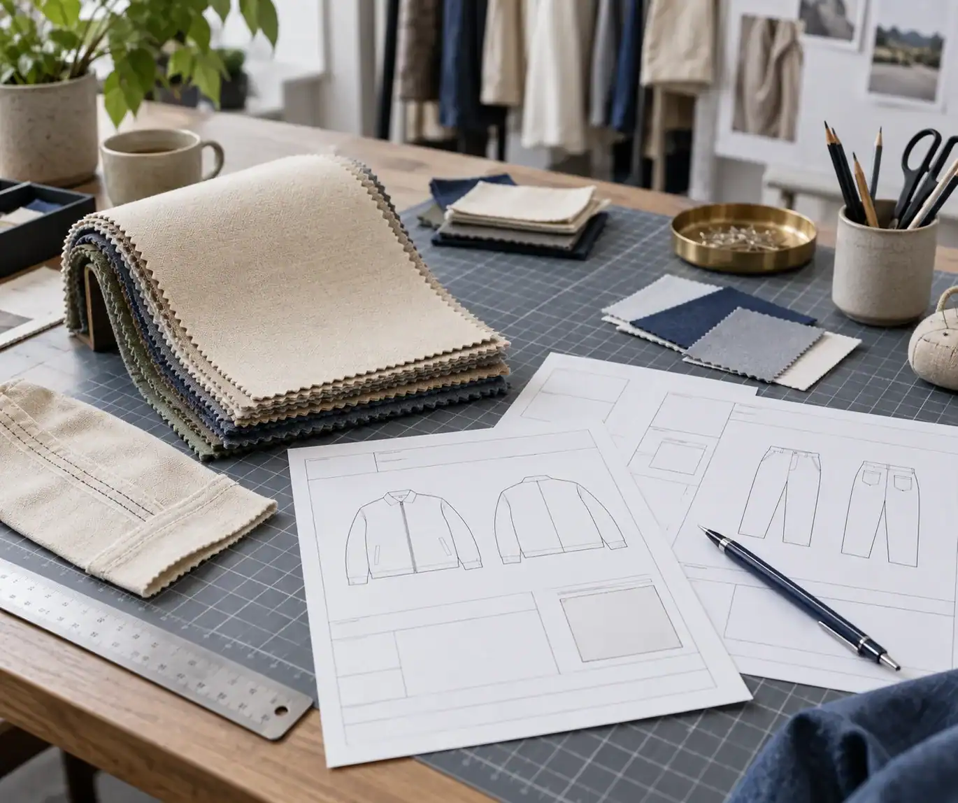 Fabric swatches and design sketches for custom clothing production.