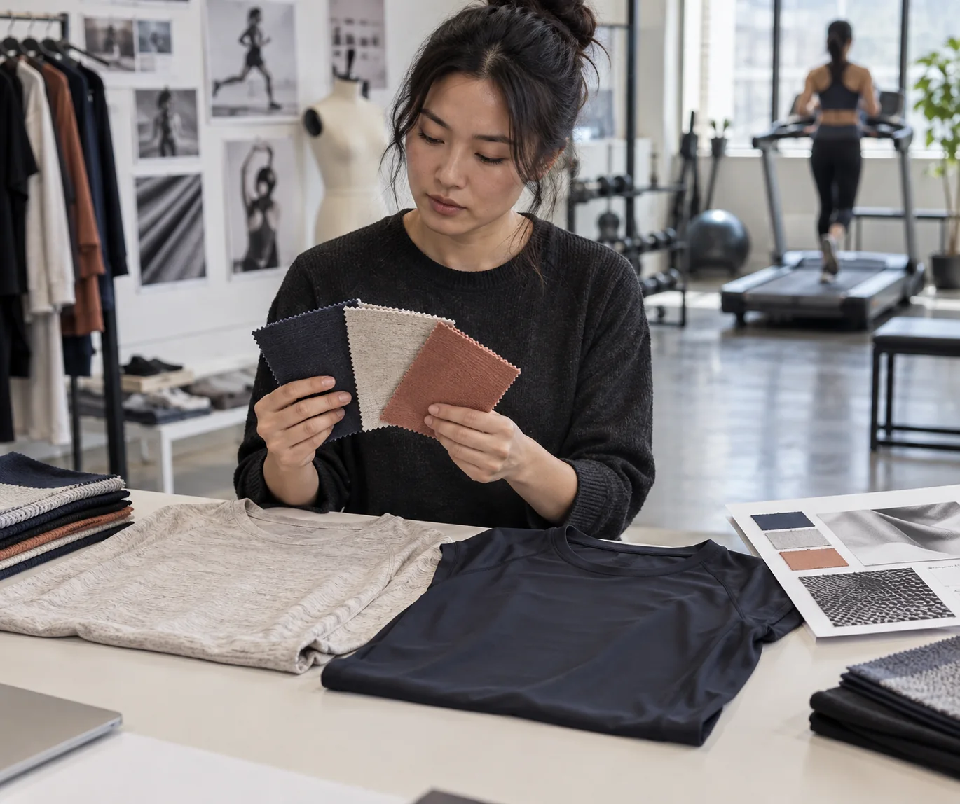 Apparel developer comparing cotton, polyester and blend activewear samples beside a treadmill movement reference and a technical fabric card, no logos or readable text