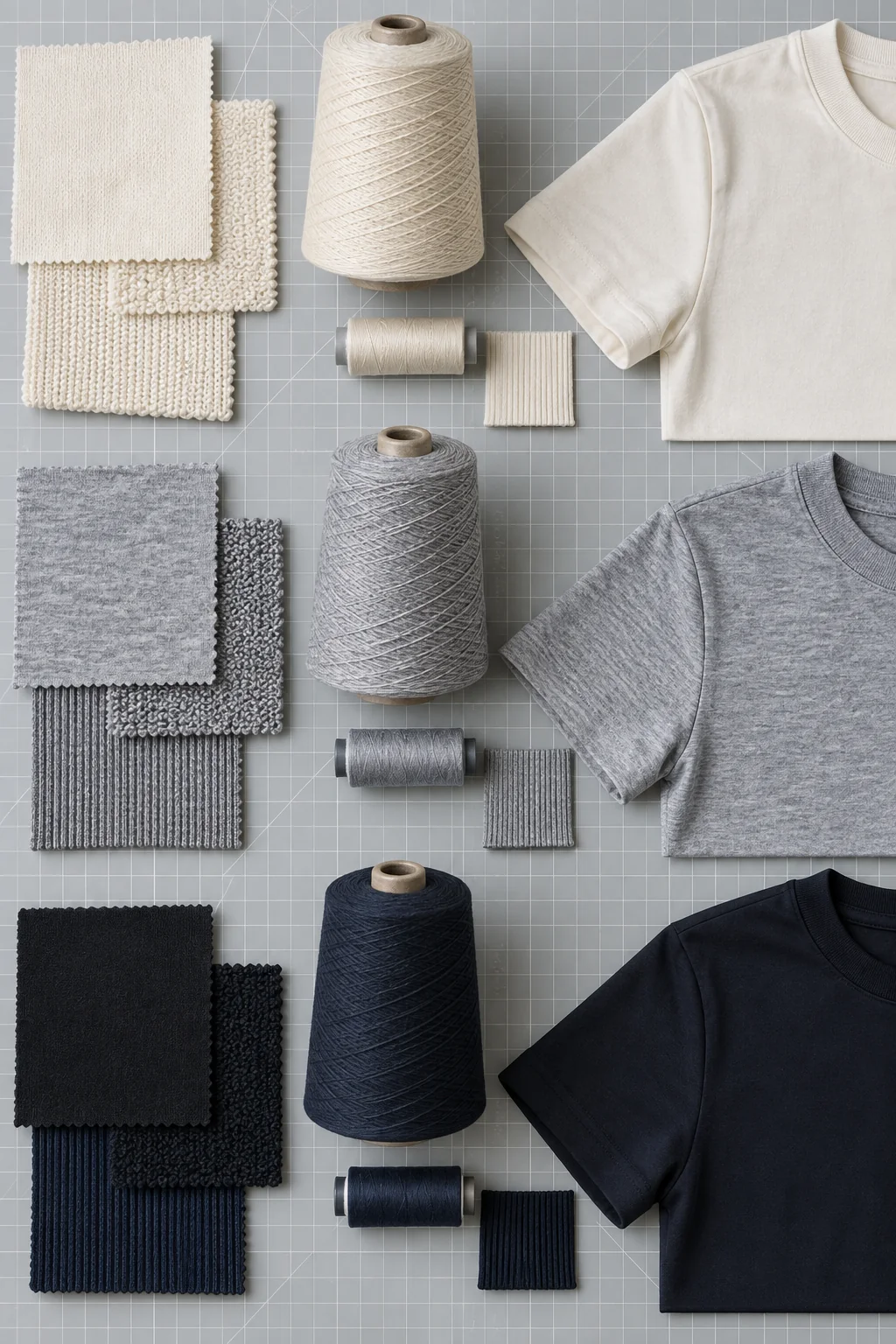 Cotton-polyester blend development board with cotton-rich, balanced and polyester-rich swatches, yarn cones and sewn T-shirt panels, no labels or readable text