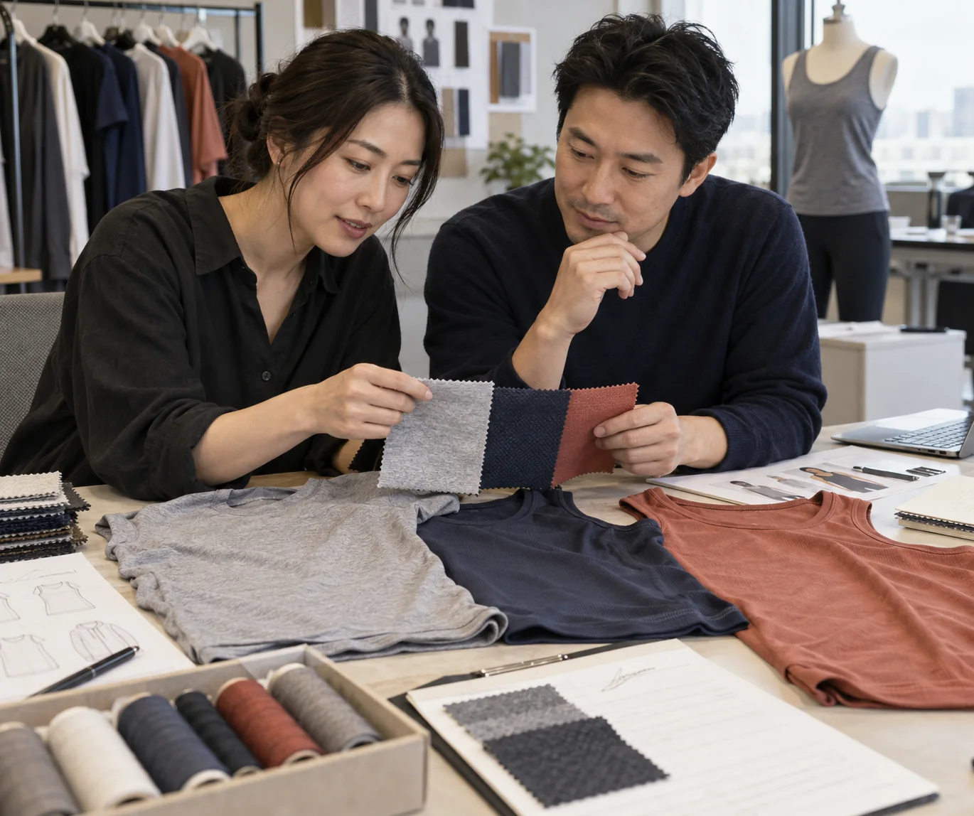 Apparel buyer and product developer approving cotton, polyester and blend swatches beside a sample card, finished gym tops and a quote brief, no readable text