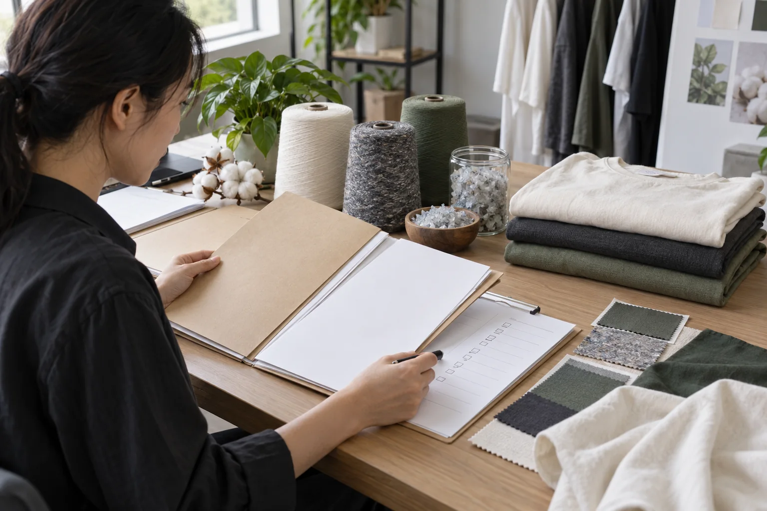 Apparel buyer reviewing documented cotton and recycled polyester claim files beside fiber samples, a blank certification checklist and a finished garment, no logos or readable text