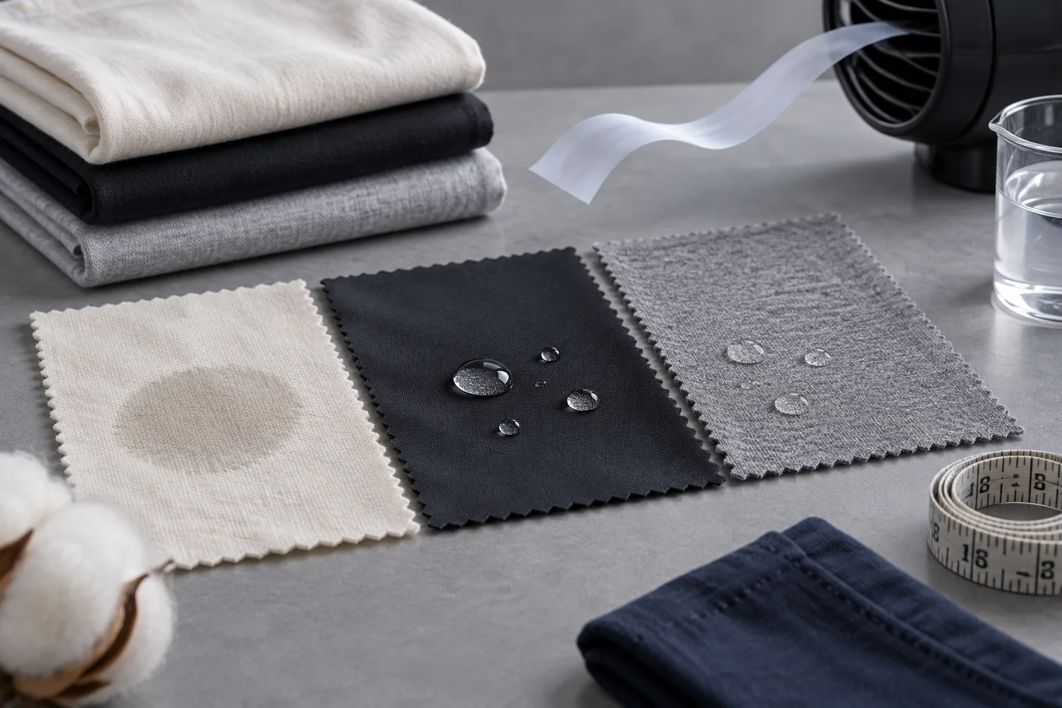 Cotton, polyester and cotton-polyester blend swatches shown side by side under controlled light with water drop, airflow and wash reference tools, no text