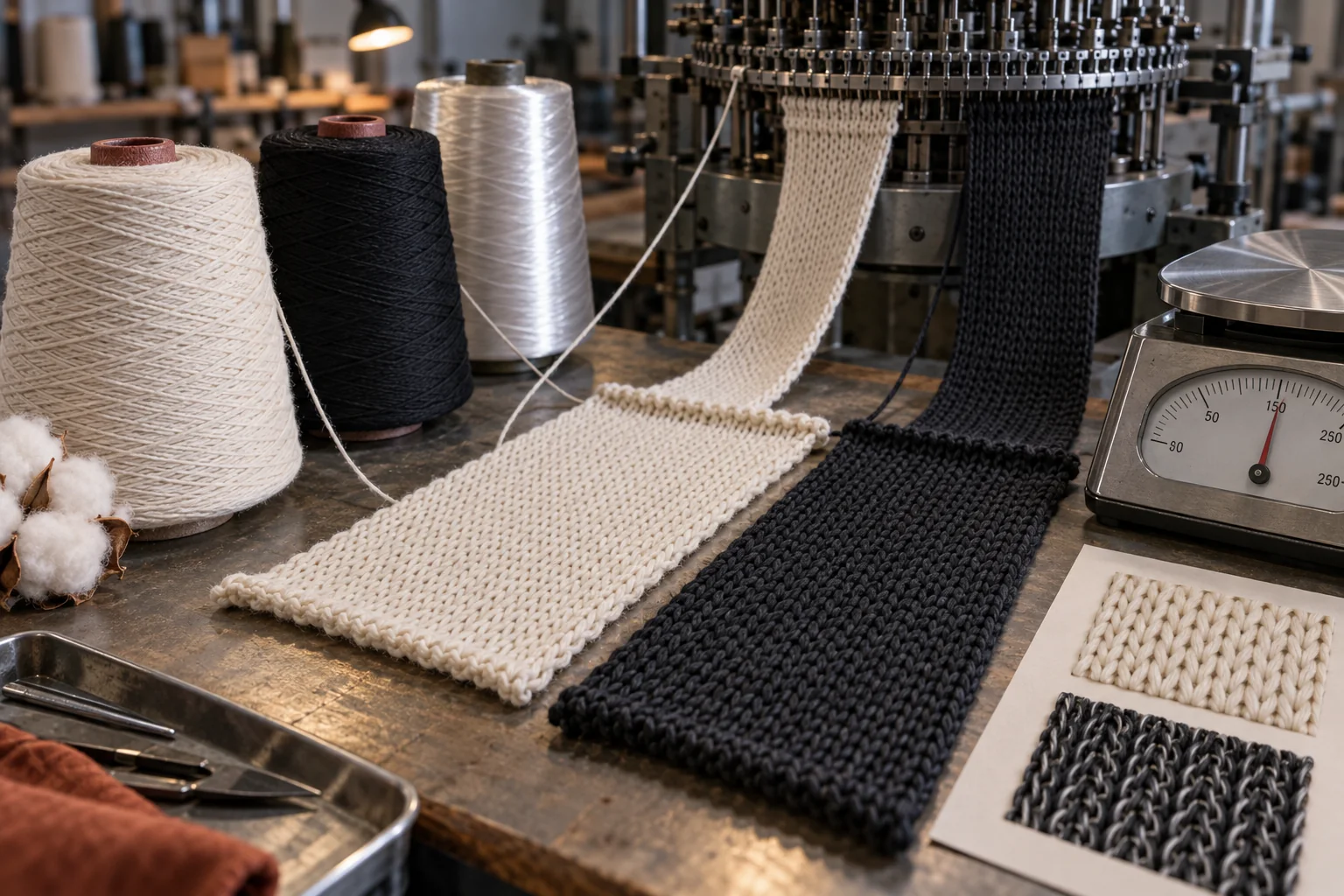 Cotton and polyester yarns feeding separate knit constructions beside a GSM scale and loop close-up on a textile development bench, no text