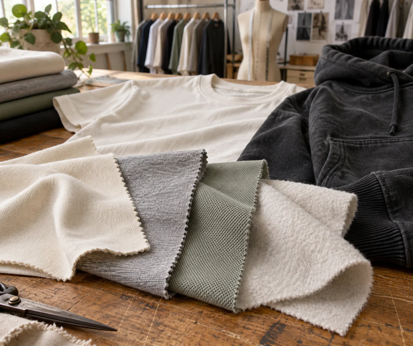 Soft cotton jersey, cotton pique and cotton fleece swatches beside a casual T-shirt and hoodie panel under natural light, no logos or readable text