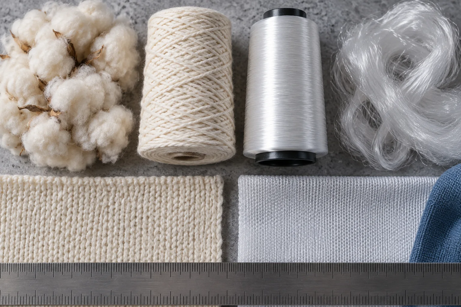 Close-up comparison of cotton and polyester fibers, yarns and fabric surfaces with a simple apparel development ruler and neutral swatches, no text
