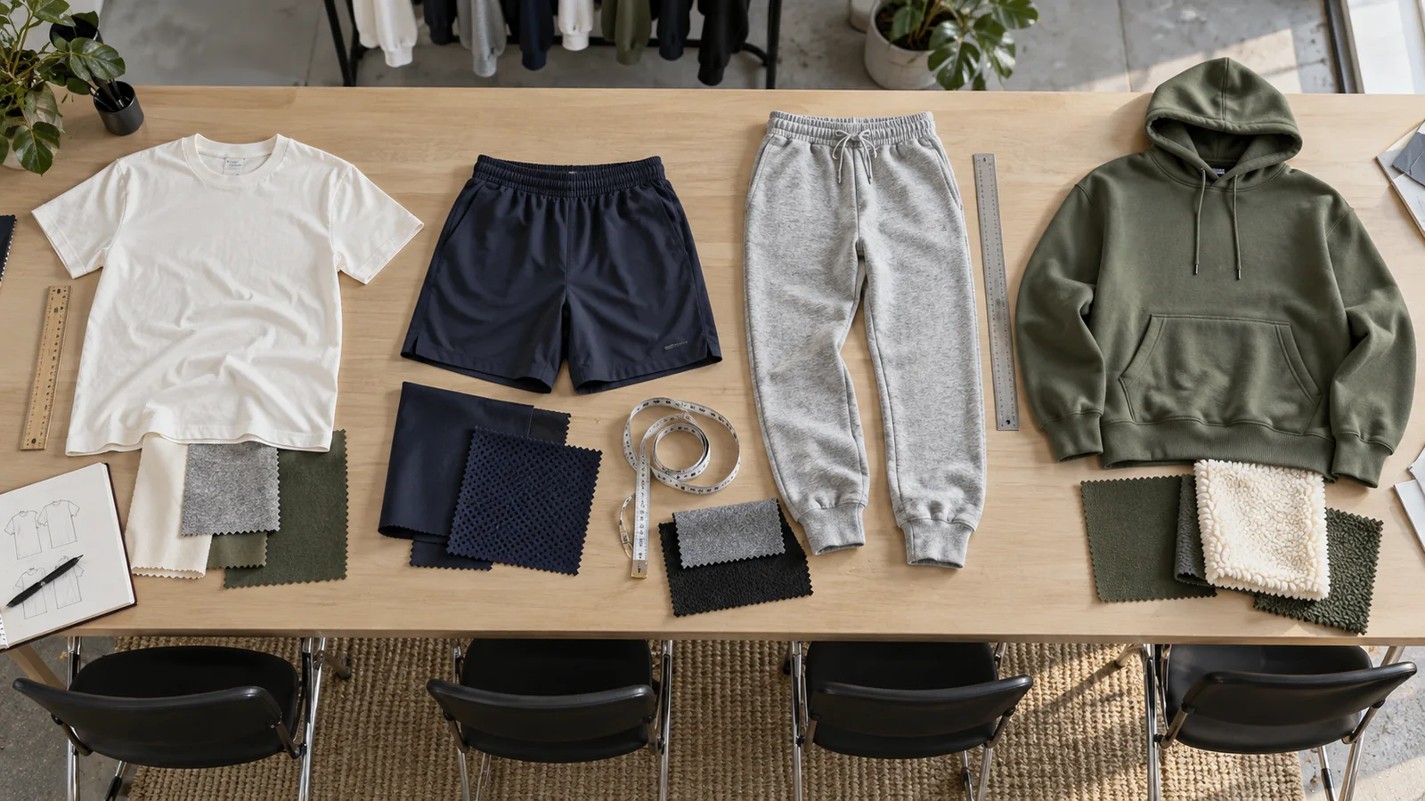 Four apparel development stations showing a cotton T-shirt, polyester training short, cotton-polyester jogger and fleece hoodie with matching fabric swatches, no logos