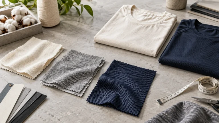 Cotton and polyester fabric swatches arranged on a technical apparel sourcing table with a finished T-shirt, activewear top and measuring tools, no logos or readable text