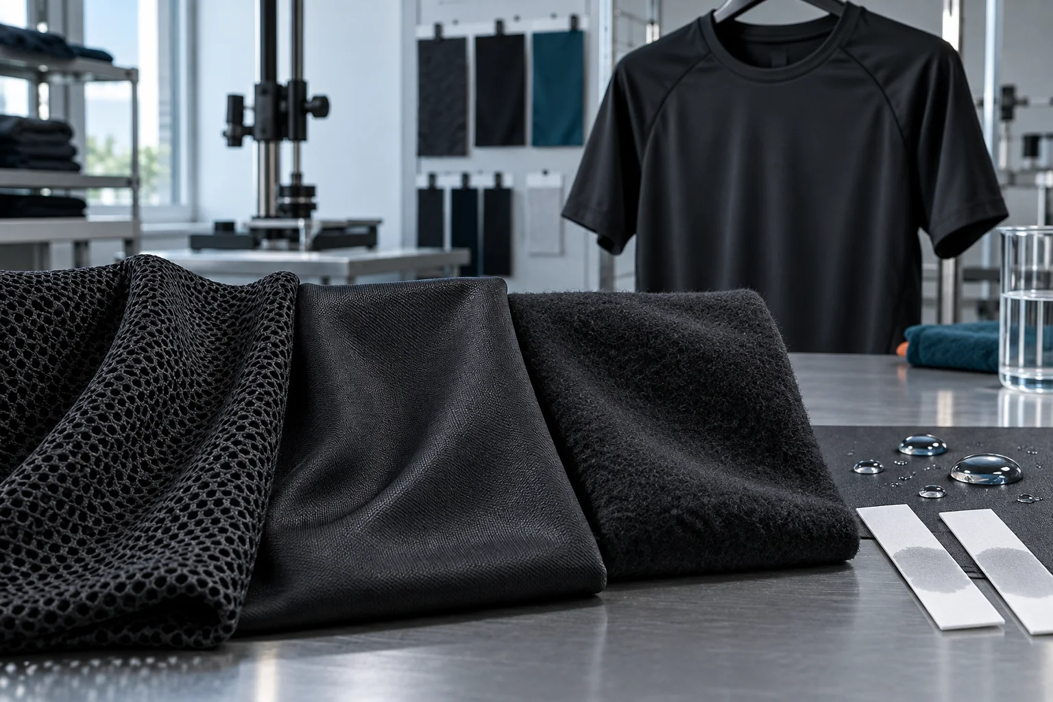 Black and white polyester performance fabrics including mesh, interlock and brushed fleece arranged with a quick-dry sports top and moisture test strips, no text