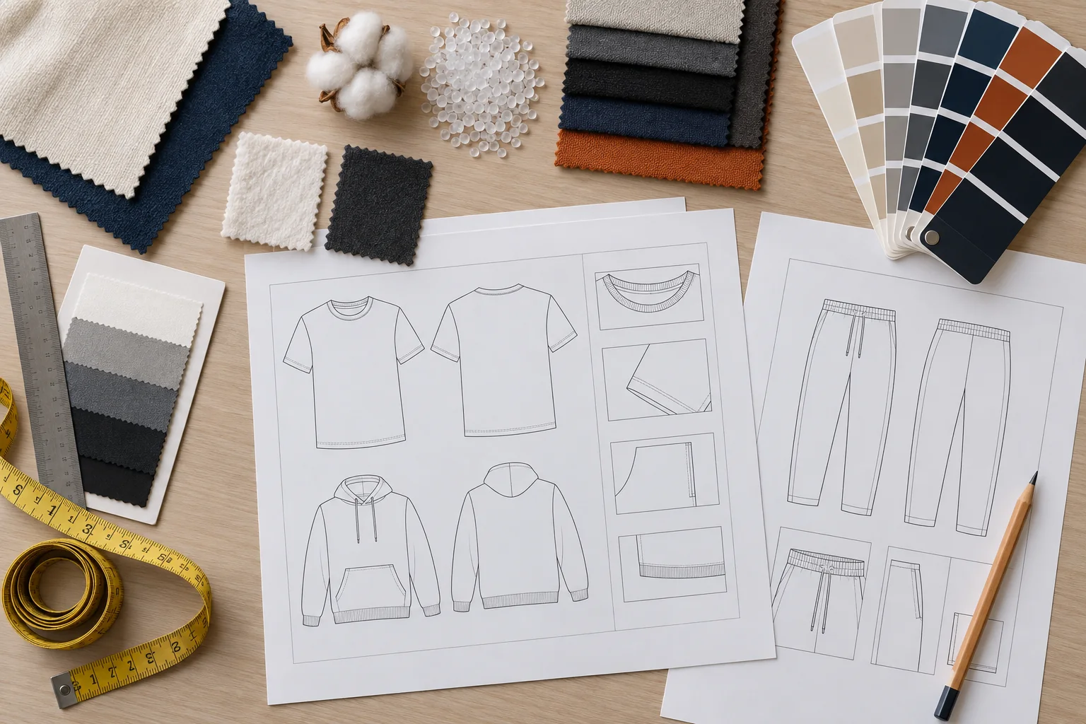 Apparel technical brief showing cotton, polyester and blend specification fields beside fabric swatches, measuring tape, GSM card and a blank tech pack, no text