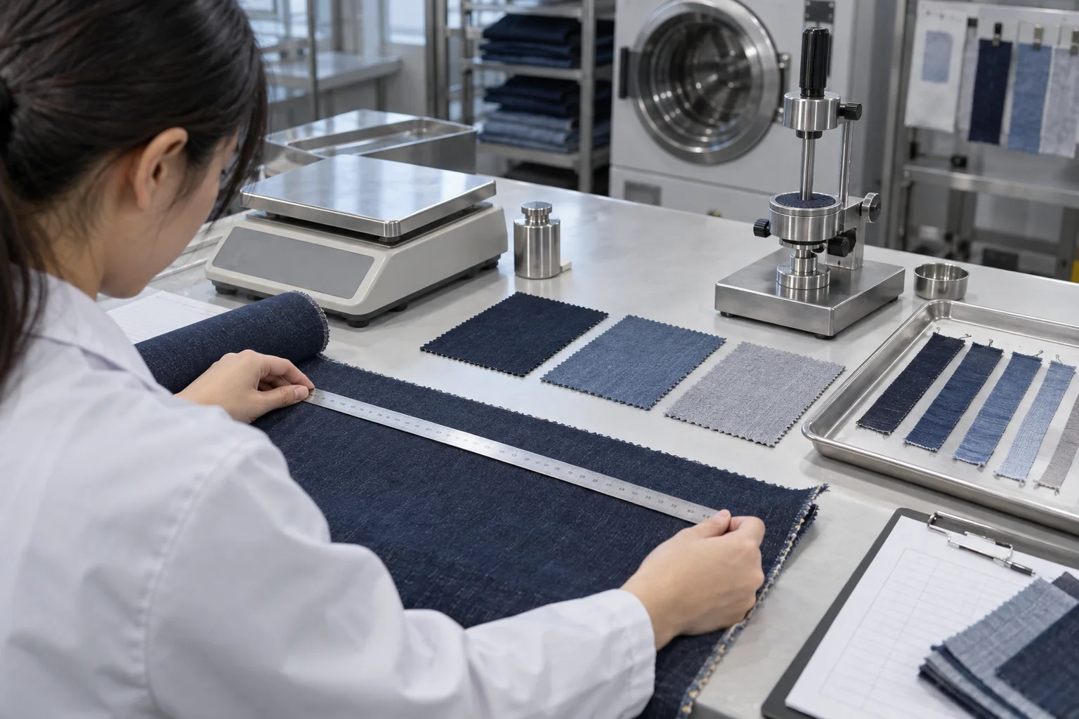 Textile technician comparing cotton, polyester and blend samples on a testing table with a GSM scale, width tape, wash specimens and moisture measurement tools, no readable text