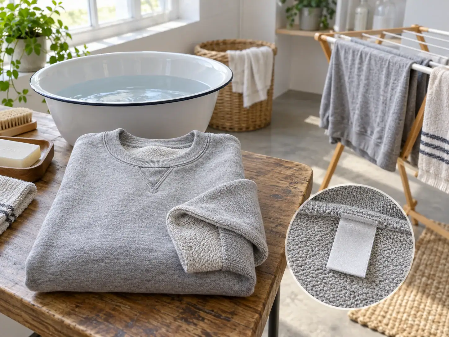Laundry room with folded clothes, bathtub, and drying rack for textiles.